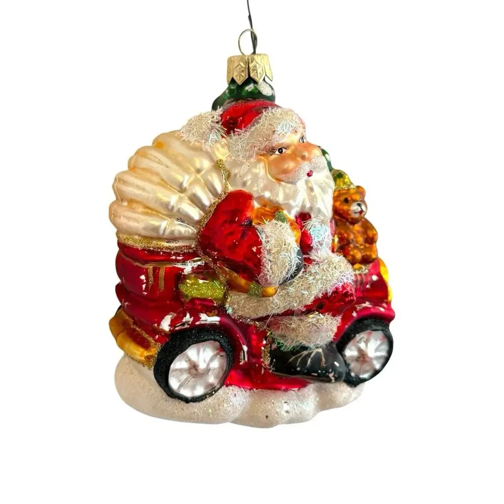 Lg Santa Riding Vintage Car Jalopy Glass Ornament w/Tree Teddy Bear‎ 5.5